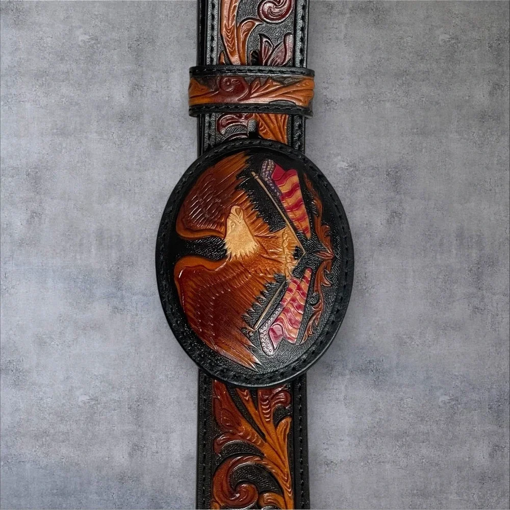 Tony Lama American Heritage Leather Tooled Belt And Buckle Mens 40 Eagle Flag